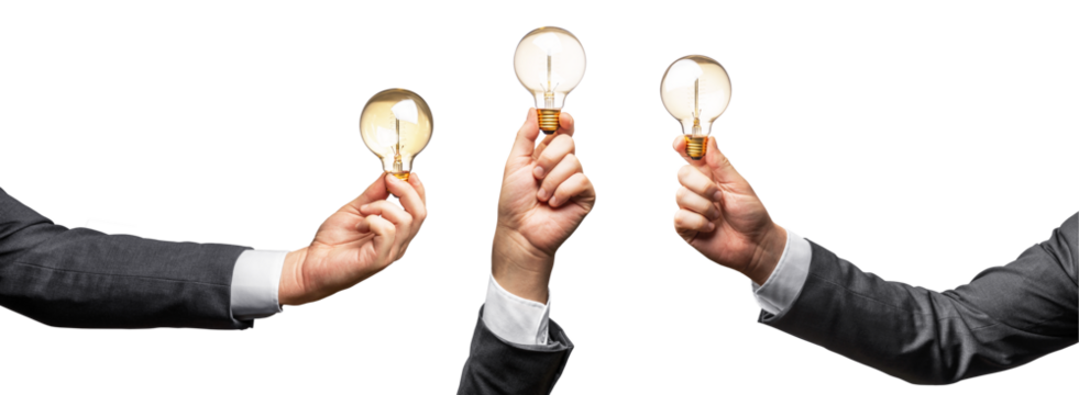 Three hands in business suits holding light bulbs against a white background, symbolizing ideas and innovation