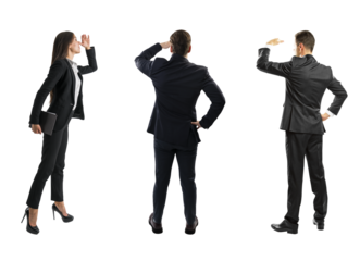 Three professionals in business attire looking away, isolated on a white background, depicting the concept of anticipation or future planning