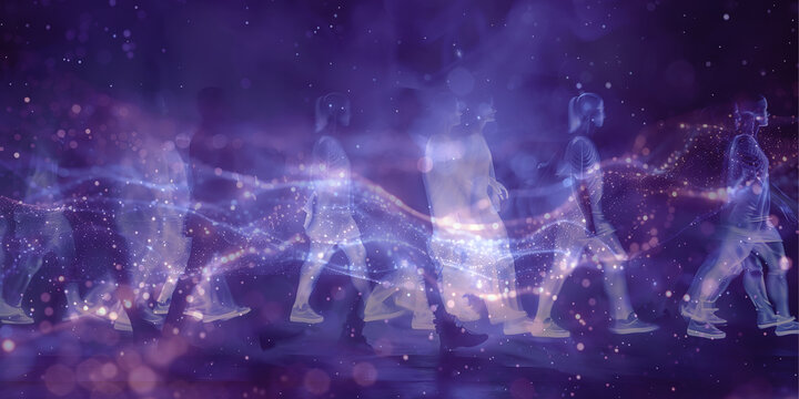 We are existing alongside multiple dimensions - Layers of transclucent people walking in a row and streams of bokeh light effect depicting multidimensional universe 