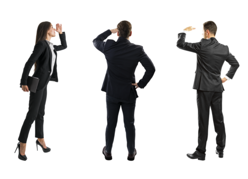 Three professionals in business attire looking away, isolated on a white background, depicting the concept of anticipation or future planning