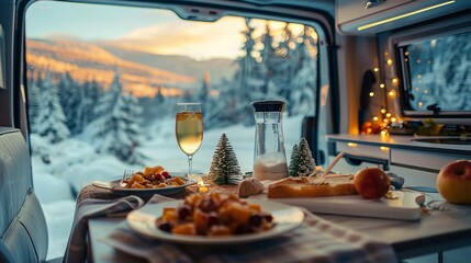 Interior view from a camper van with luxury meal on table and outside beautiful view of winter wilderness