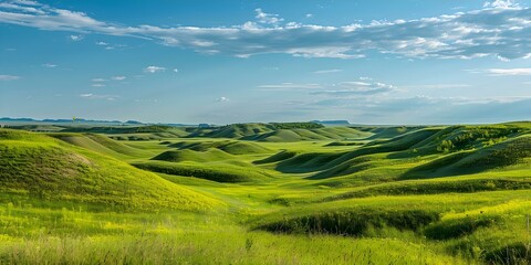 Obraz premium Rolling hills of Grasslands National Park in Saskatchewan Canada with vibrant green. Concept Landscape Photography, Grasslands National Park, Saskatchewan, Canada, Rolling Hills, Vibrant Green