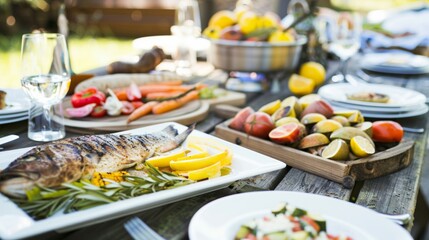 Outdoor Camping Feast Freshly Grilled Fish, Roasted Vegetables, and Fruit on a Picnic Table in a Sunny, Natural Setting