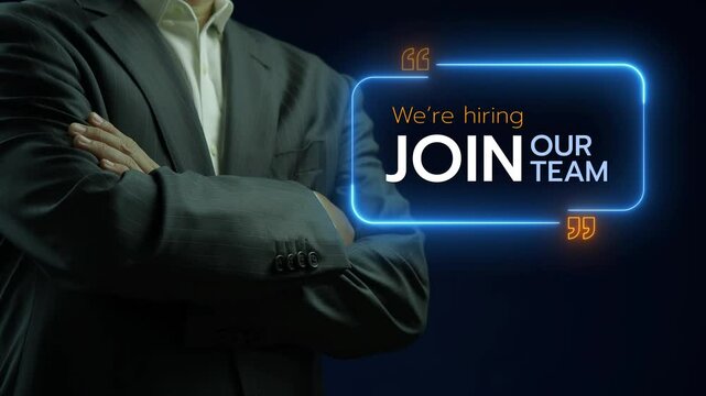 HR human resources solutions and global recruitment for business working and company concept. Businessman showing animated speech bubble with text JOIN OUR TEAM on virtual screen.