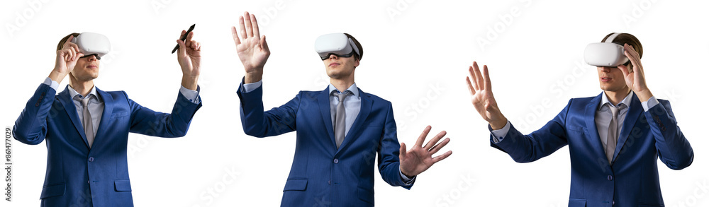 Poster three images of a man in a blue suit wearing a virtual reality headset, interacting with unseen cont