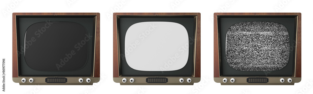 Poster three vintage televisions side by side, with screens displaying black, white, and static, isolated o