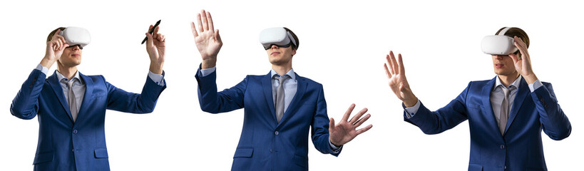 Three images of a man in a blue suit wearing a virtual reality headset, interacting with unseen content on a white background, representing technology and innovation