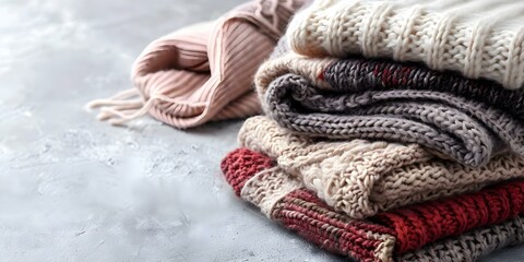 Folded knitted womens sweaters and scarves on gray background cozy knitwear. Concept Knitwear Fashion, Fall Wardrobe, Cozy Sweaters, Stylish Scarves, Gray Background