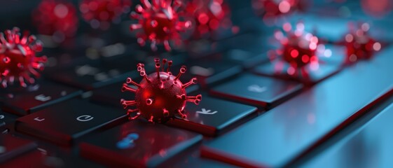 Close-up of Red Virus Particles on a Black Computer Keyboard Representing Cybersecurity Threats and Digital Infections