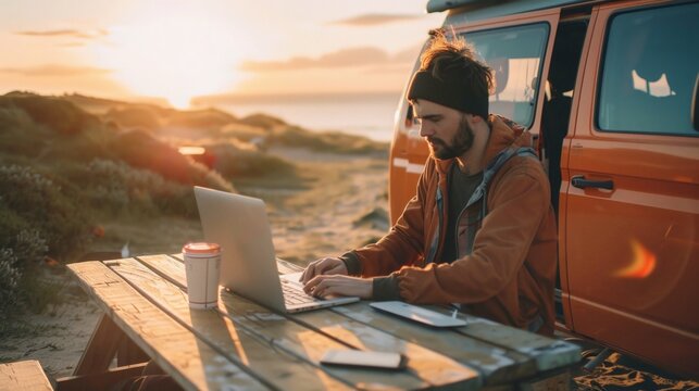 Man working on laptop computer with camper van in campsite in trip