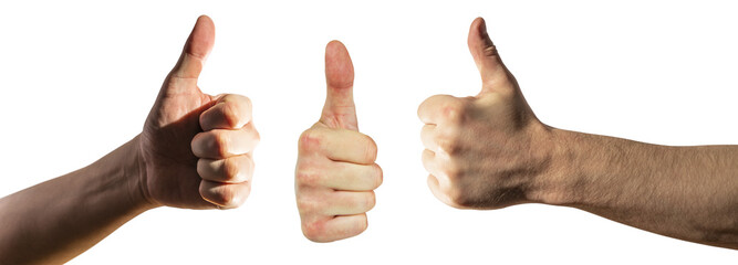 A set of three distinct thumbs up gestures, isolated on a white background, representing approval...
