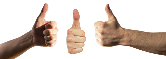 A set of three distinct thumbs up gestures, isolated on a white background, representing approval or success