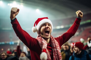 Obraz premium Excited young man wearing a Santa hat and festive scarf celebrating in a stadium, surrounded by cheering fans, creating a joyful and festive atmosphere. Concept: Christmas celebration, sports enthusia