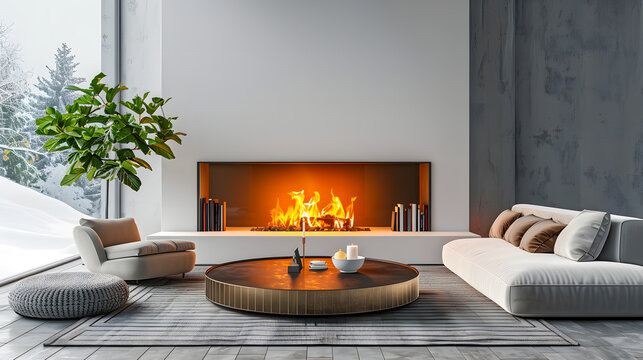 Modern elegant and luxurious interior design creating a warm and bright living room ambiance with a fireplace wood furniture