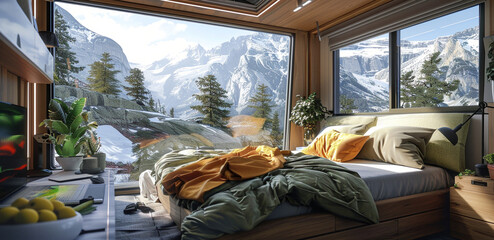 Interior view from a camper van of outside beautiful view of winter wilderness
