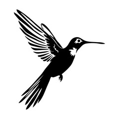 A black and white silhouette of a hummingbird in flight, with its wings spread out and its beak visible