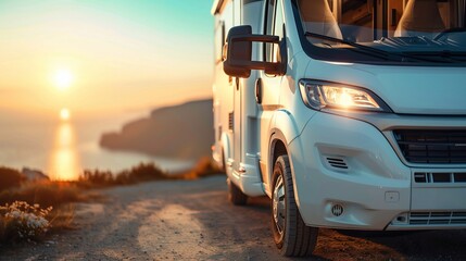 Obraz premium Modern motorhome on the stunning seascape with sunset background. Generative ai