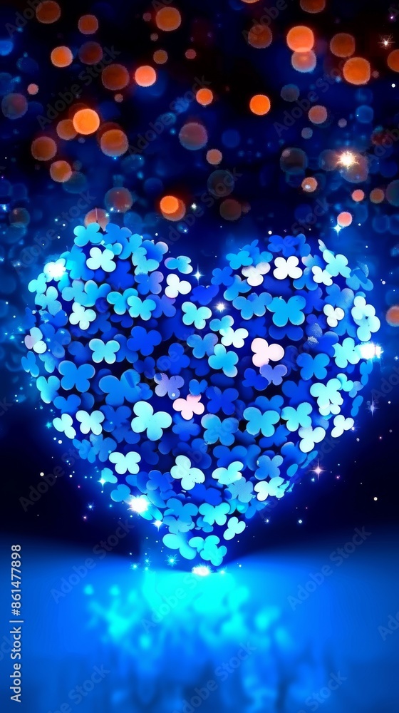 Sticker Heart shaped blue neon light with bokeh background, symbolizing love and modernity, vibrant and detailed indoor photography