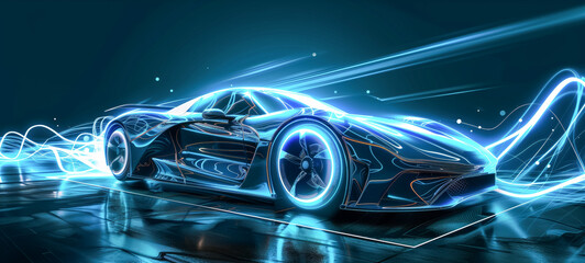 Futuristic sports car with neon lights and dynamic trails