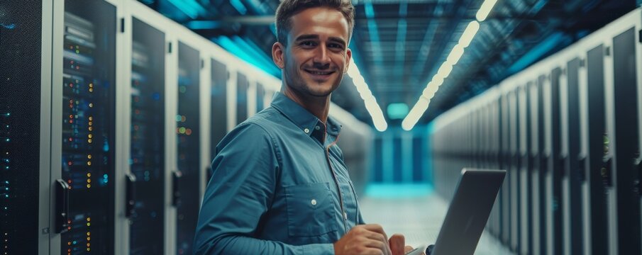 Smiling IT technician with laptop in a data center surrounded by server racks