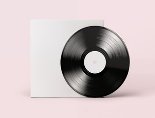 Obraz premium Clean White Vinyl Record Cover mockup with Black Disc on Pink Background
