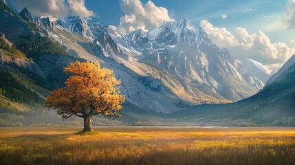 Majestic lone tree standing tall in a vast meadow, framed by the breathtaking backdrop of towering mountains.