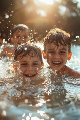 Close-up of two joyful children splashing and playing in water on a sunny day, radiating happiness and fun.