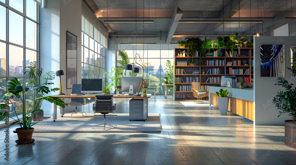 Aufkleber stylish home office or library with custom built in bookshelves, comfortable seating, and inspiring 