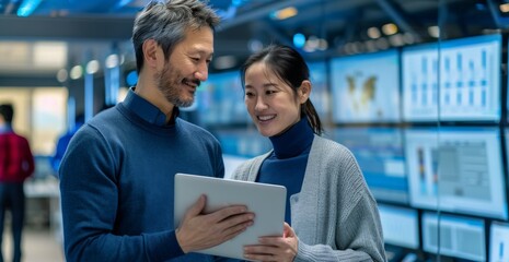 IT professionals collaborating in a modern tech environment with data on screens