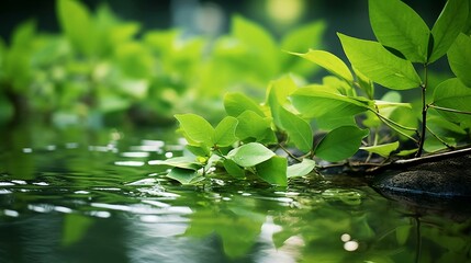 Fresh Green Leaves Reflecting in Tranquil Water with a Serene Natural Background. Generative AI