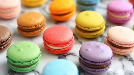 Fototapeta premium Macarons artistically arranged on a marble surface, showcasing their intricate details and vibrant colors.