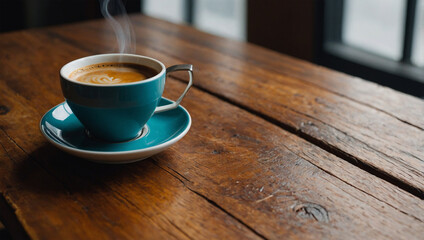 Obraz premium Wooden table with a cup of coffee