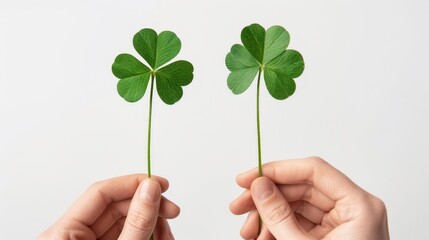 Hands Holding Two Four-Leaf Clovers Against a White Background