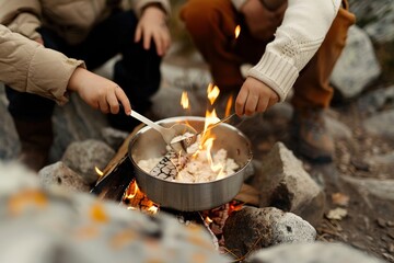 Family Bonding Over Campfire Cooking A Warm, Natural-Lit Camping Scene Featuring Young Children and Adults Engaged in Preparing Food Outdoors