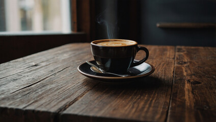 Obraz premium Wooden table with a cup of coffee