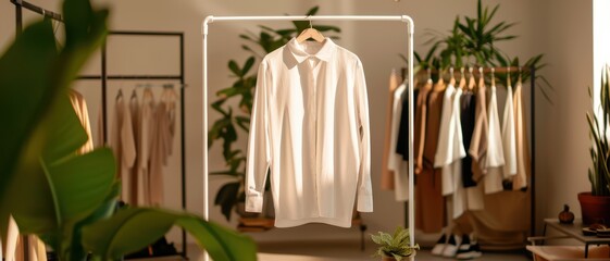 Elegant White Shirt on Display in a Modern Boutique with Green Plants and Natural Lighting