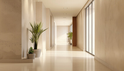 Fototapeta premium A well-lit, spacious corridor with potted plants, smooth flooring, and natural light streaming in from large windows, creating a warm and inviting atmosphere