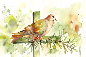 "Peaceful Symbols: Praying Dove with Olive Branch and Cross"