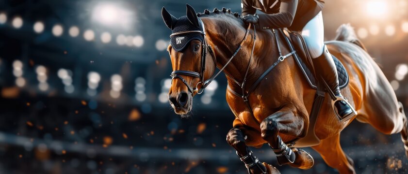 Dynamic Equestrian Jumping in Indoor Arena with Rider and Horse in Motion