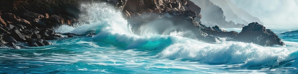 Obraz premium A dramatic scene of powerful ocean waves crashing against picturesque rocks, perfect for surf schools and adventure tourism companies. Generative AI