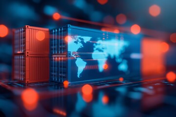 Obraz premium Futuristic digital image of shipping containers with a world map overlay, representing global trade and logistics technology.