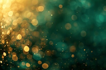 Abstract blur bokeh banner background. Gold bokeh on defocused emerald green background