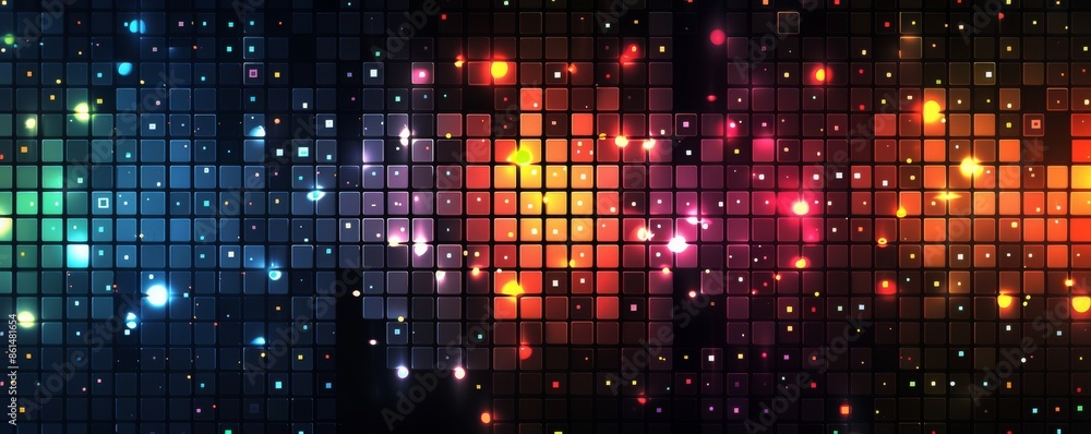 Poster abstract colorful pixelated background with glowing squares and vibrant lights