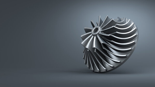 Turbine with impeller on a dark background. Template design for poster with copy space. 3d illustration