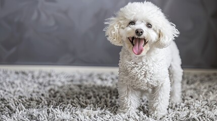 A dog stands on a soft, fluffy carpet inside a home. The dog is looking at the camera with its tongue sticking out, appearing happy and playful