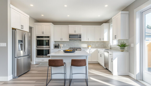 Modern kitchen with sleek design and white cabinets, exuding elegance and functionality, capturing the essence of contemporary living and stylish home interiors