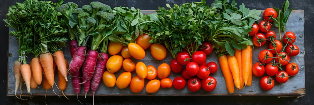 Colorful assortment of useful vegetables and leafy greens on rustic wooden table, top view. Bright, vibrant veggies for banner and background. Concept of organic and natural products