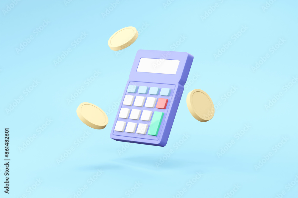 Poster 3d render of floating calculator and coins - financial calculation concept