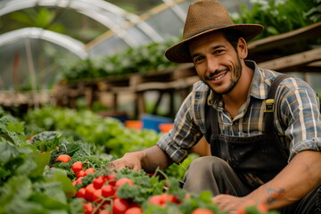 Male caucasian farmer in hat and farm overalls smile, harvesting red organic tomatoes in eco greenhouse, surrounded by green vegetables. With copy space. Eco farm concept, organic products