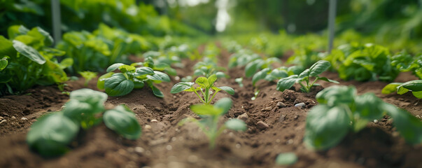 Fototapeta premium Green young seedlings sprout in rich soil with warm sunlight. Fresh leaves glisten, vibrant growth, healthy harvest. Organic farming, agriculture, sustainability, gardening. Banner with copy space